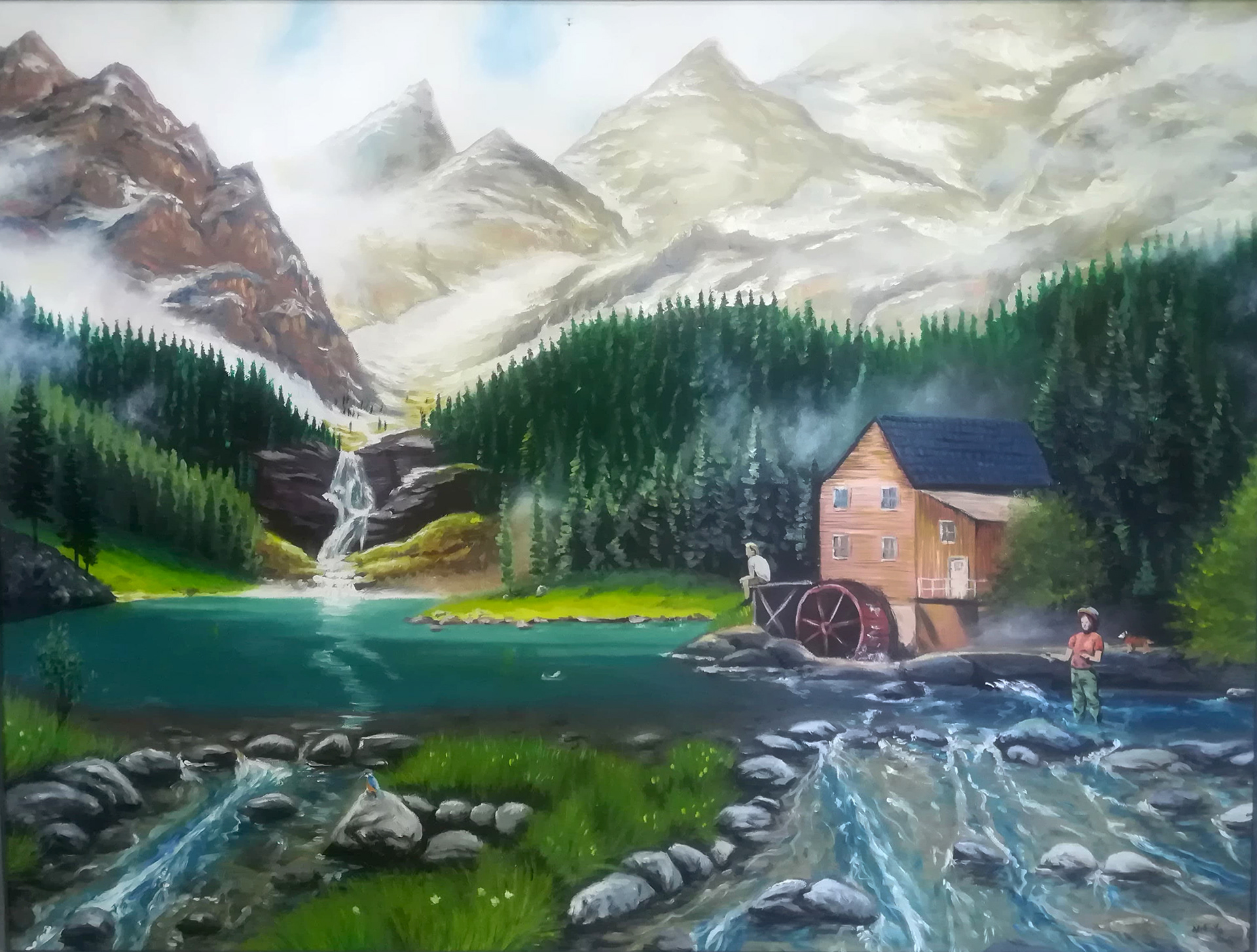 Bergsee mit Wassermühle, 2020, Öl auf MDF, 80x60cm, gerahmt - Preis NV