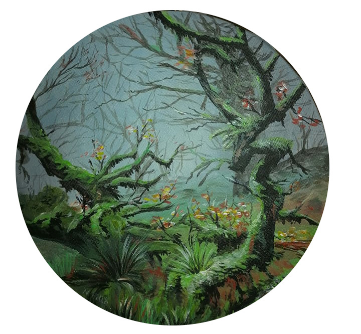 Verwucherte Äste, 2020, Acryl auf Leinwand, Durchmesser 20 cm - verkauft
