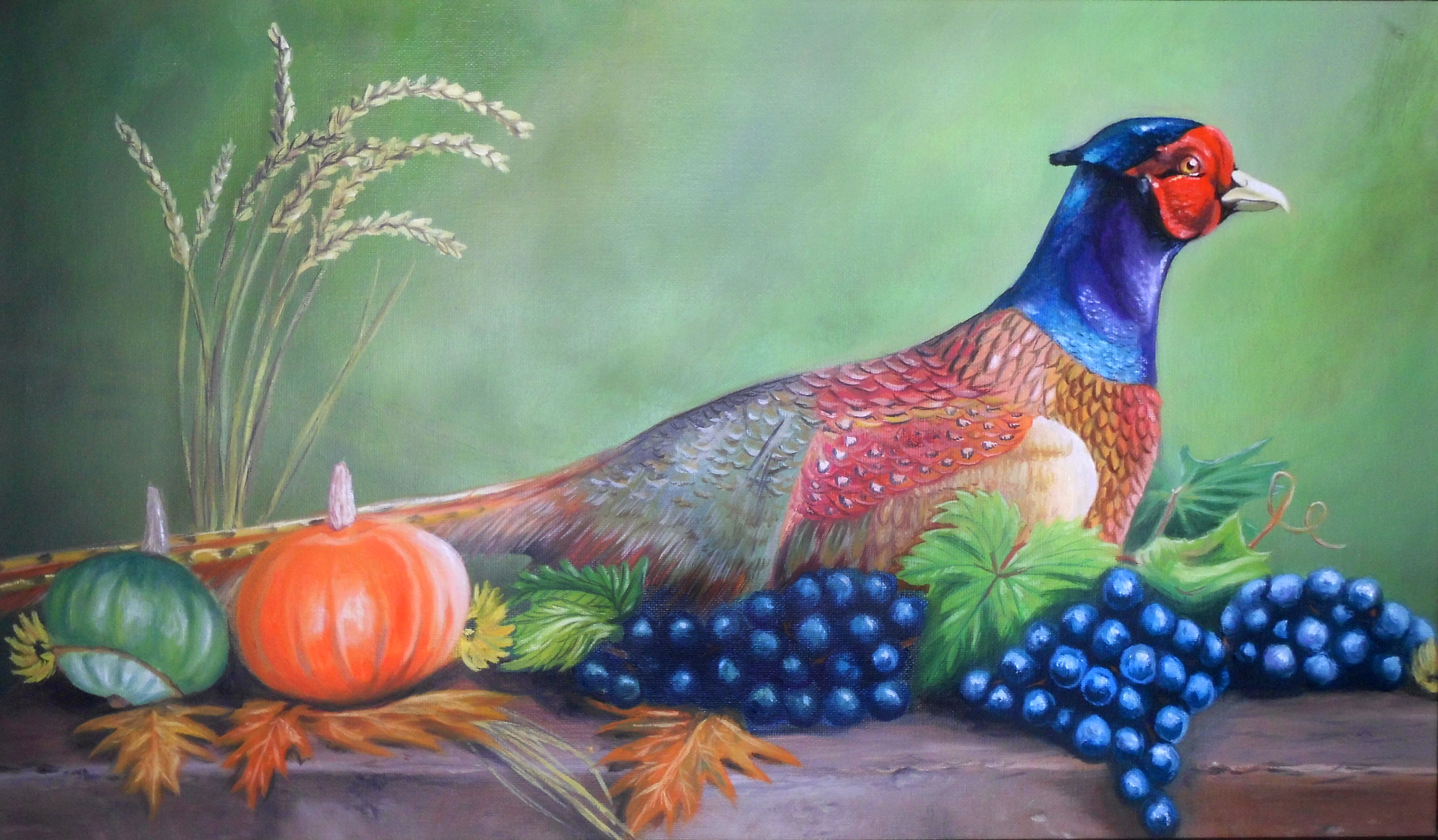 Erntedank mit Fasan, 2017, Öl auf Pappe, 60x40cm - Eigenbesitz