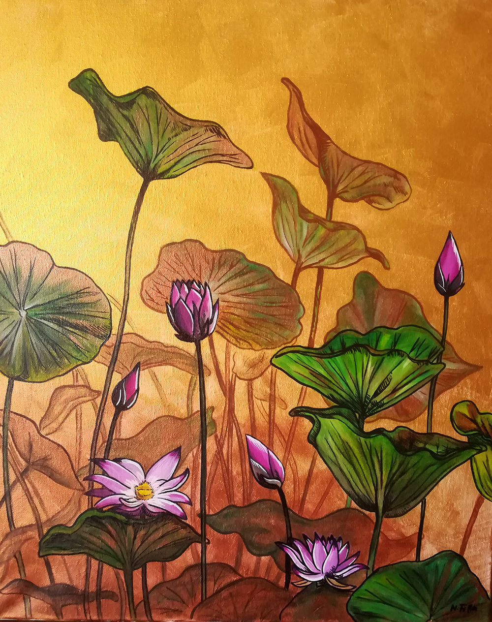 Lotusblumen auf goldenem Grund, 2020, Acryl auf Leinwand, 60x50cm - verkauft