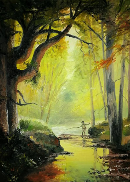 Am ruhigen bach, 2020, Öl auf Pappe, 40x30cm, gerahmt - Preis NV