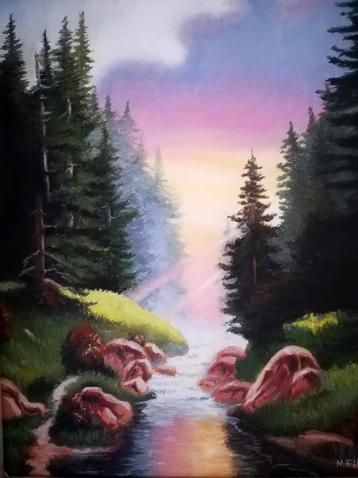 Kleiner Waldbach, 2018, Öl auf Leinwand, Din A4 - verkauft