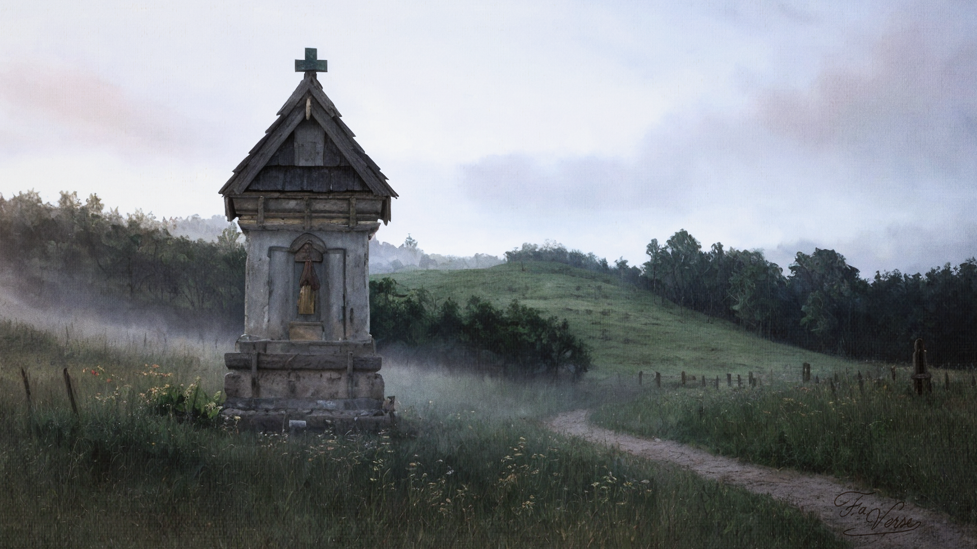 Christian image of a wayside shrine in early morning mist, symbolizing faith and silence in the rural landscape of medieval Central Europe