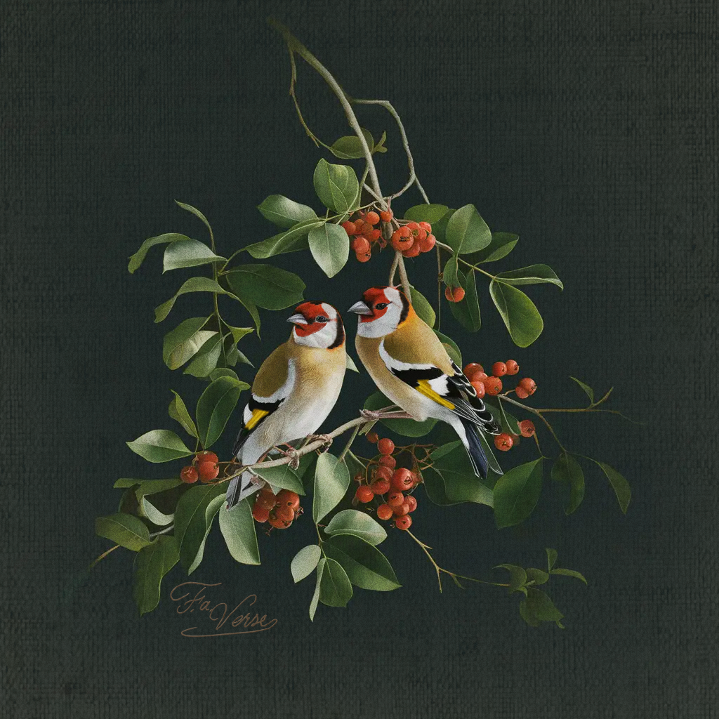 Christian sacred art with two goldfinches on a berry branch symbolizing the Passion of Christ