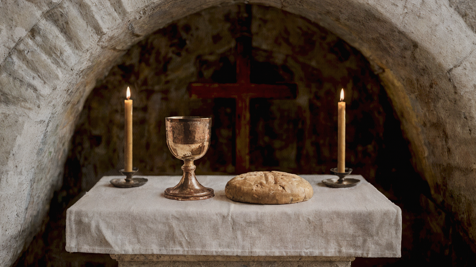 Christian image of a simple altar with bread, a chalice, and two candles in a stone chapel, evoking the Eucharist and the early Church's reverent silence before the mystery of Christ’s sacrifice