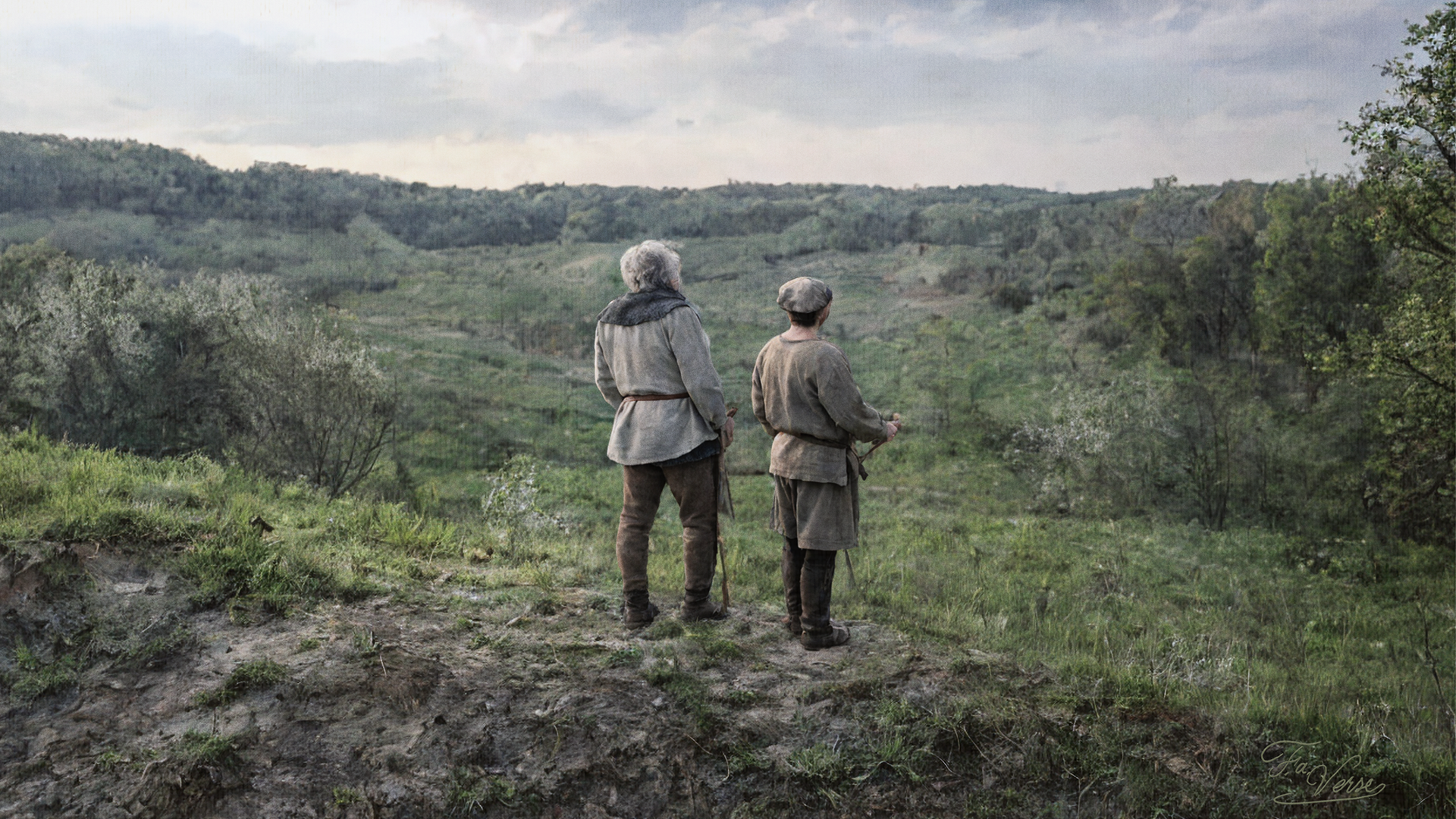 Christian artwork of two men standing on a hillside in medieval Central Europe, gazing silently over the land as a symbol of generational faith, labor, and quiet hope