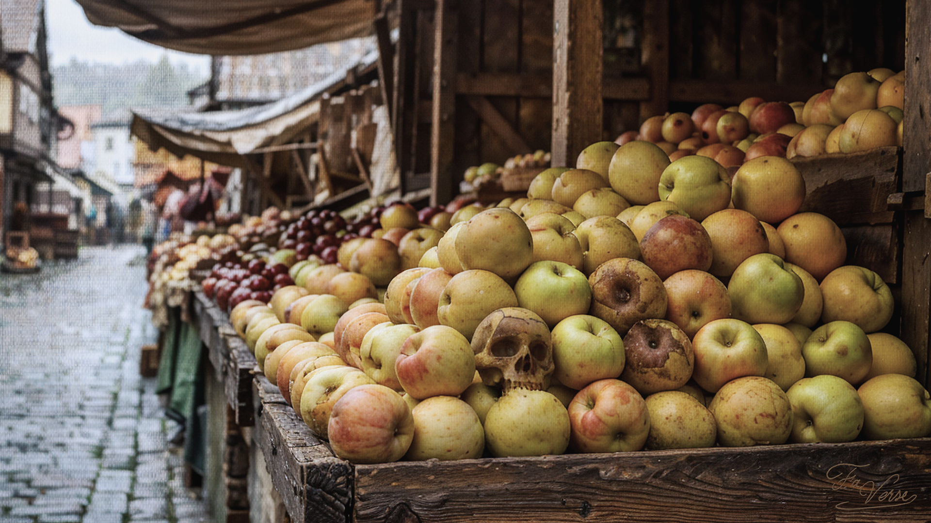 Christian memento mori artwork of a medieval market stall with apples, featuring a hidden skull among the fruit to symbolize death and the vanity of earthly abundance