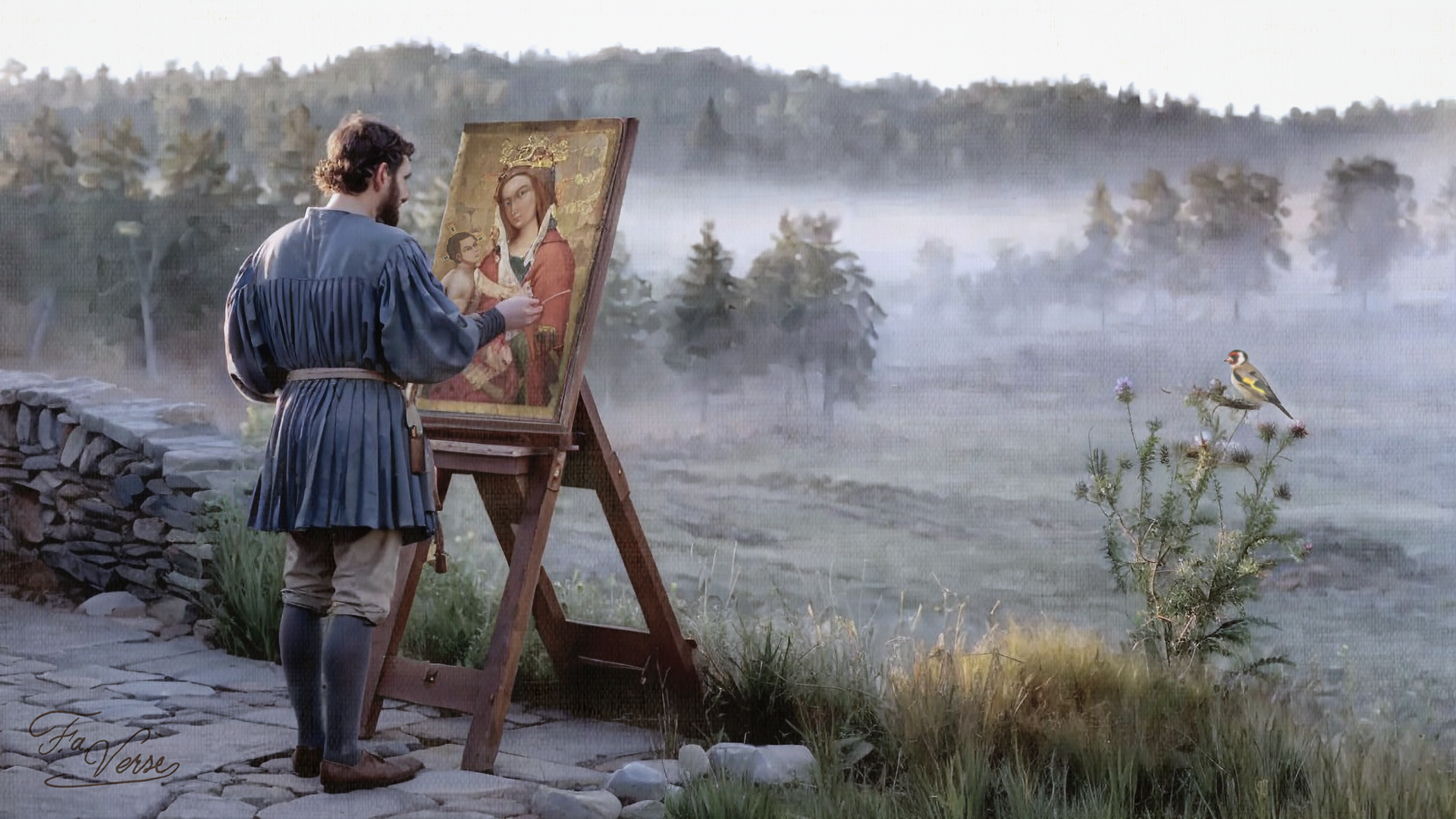 Christian image of a medieval painter inspired by the Master of Vyšší Brod, painting the Madonna of Veveří icon at dawn, with a goldfinch nearby symbolizing Christ’s Passion — evoking sacred vocation and quiet witness in nature