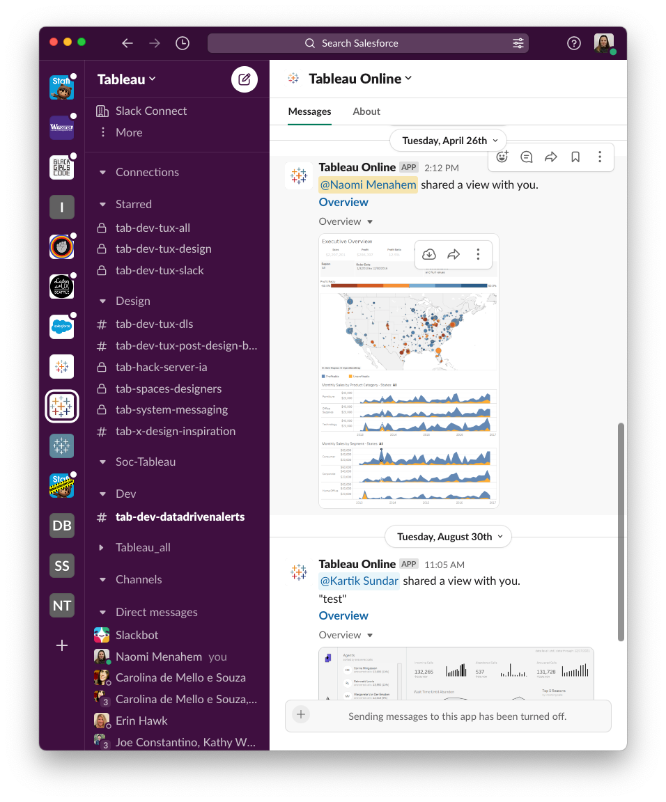 Customer gets notified about a new share in their Slack Workspace that is connected to their Tableau Site