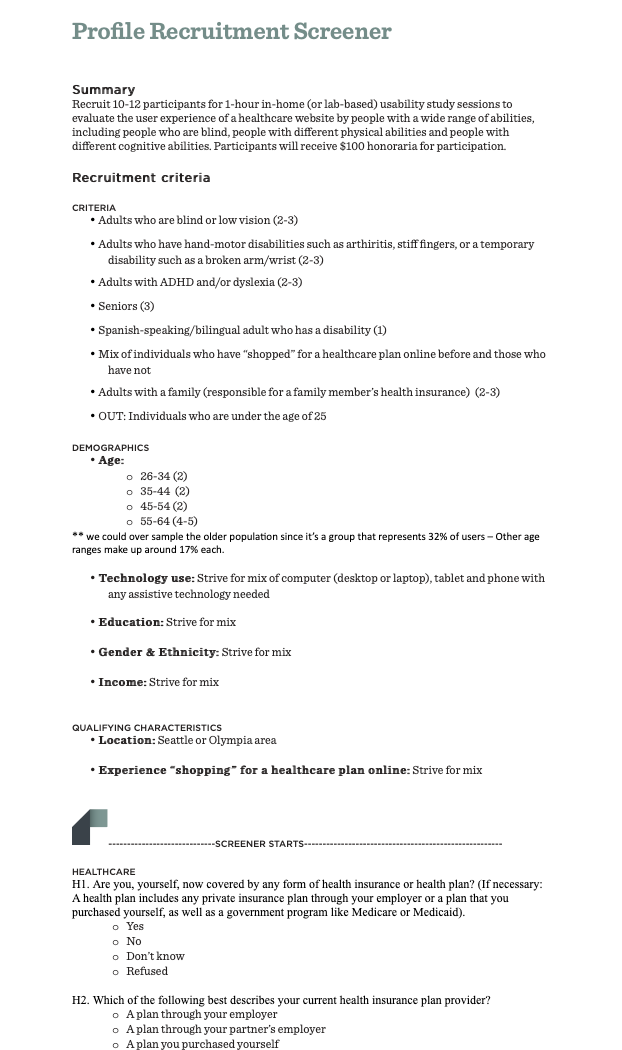Criteria and screener document