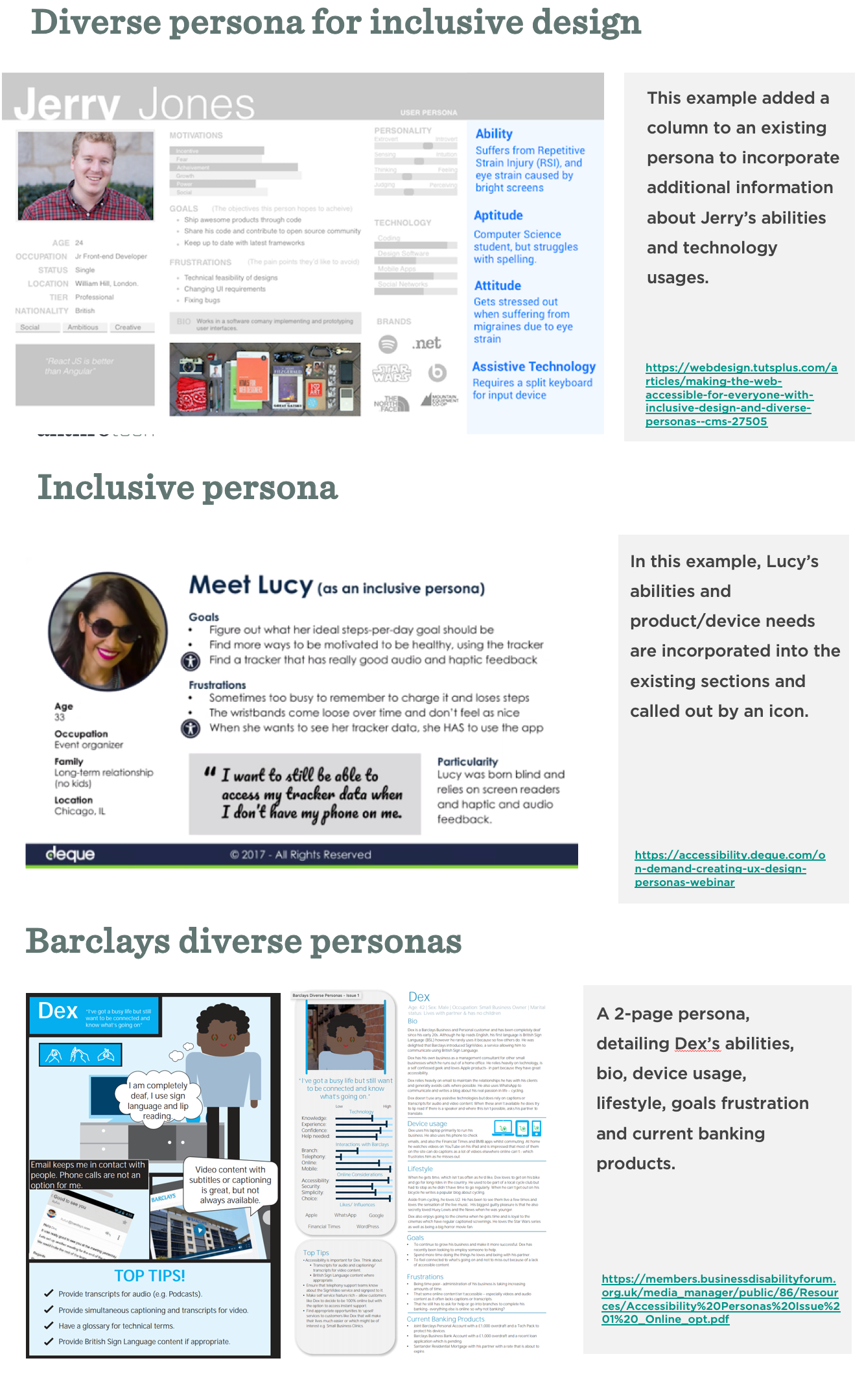Research and examples presented to the client around inclusive personas