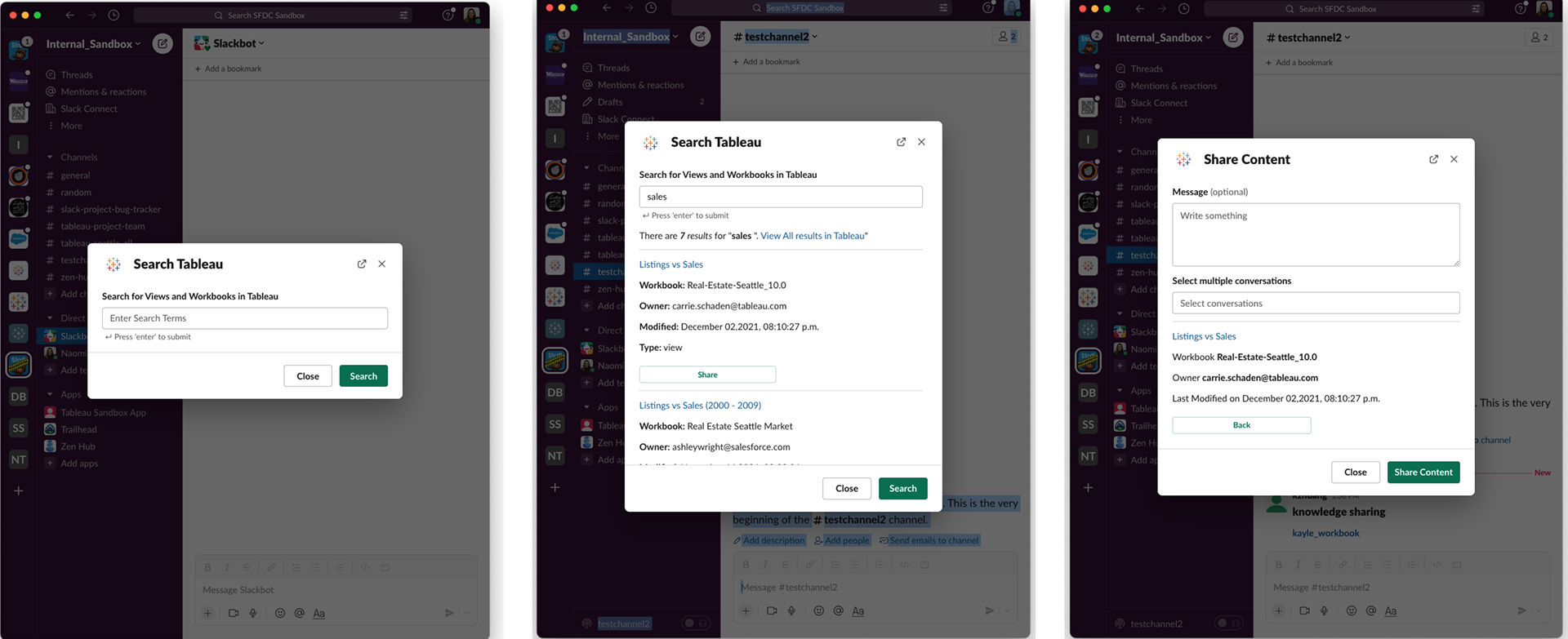 Screens showing how someone can search Tableau content in Slack