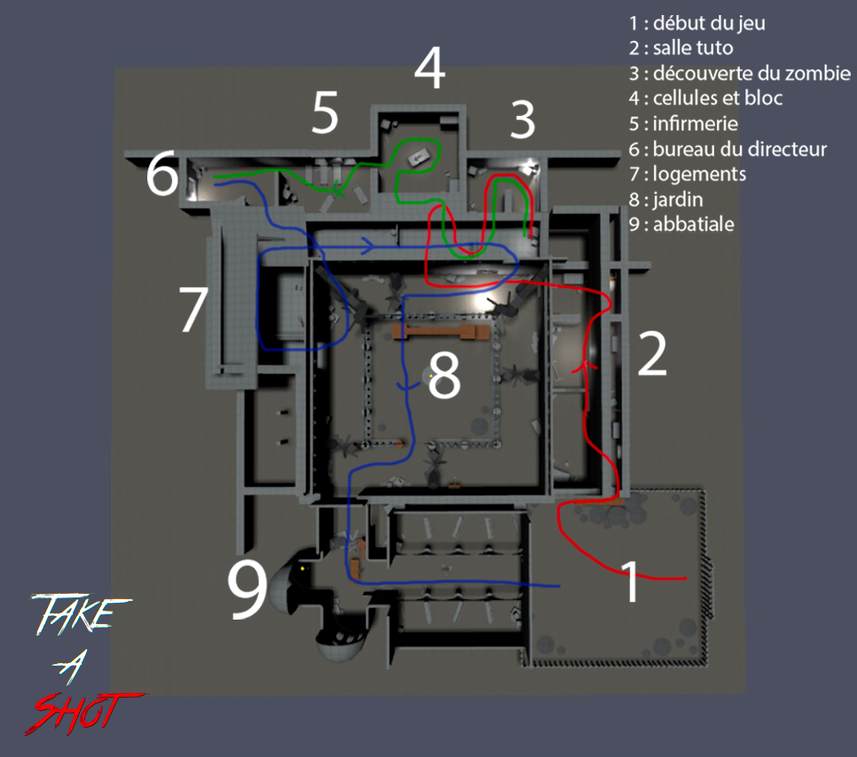 A map of the whole level I made for my team, with labels on each room and the player's path.