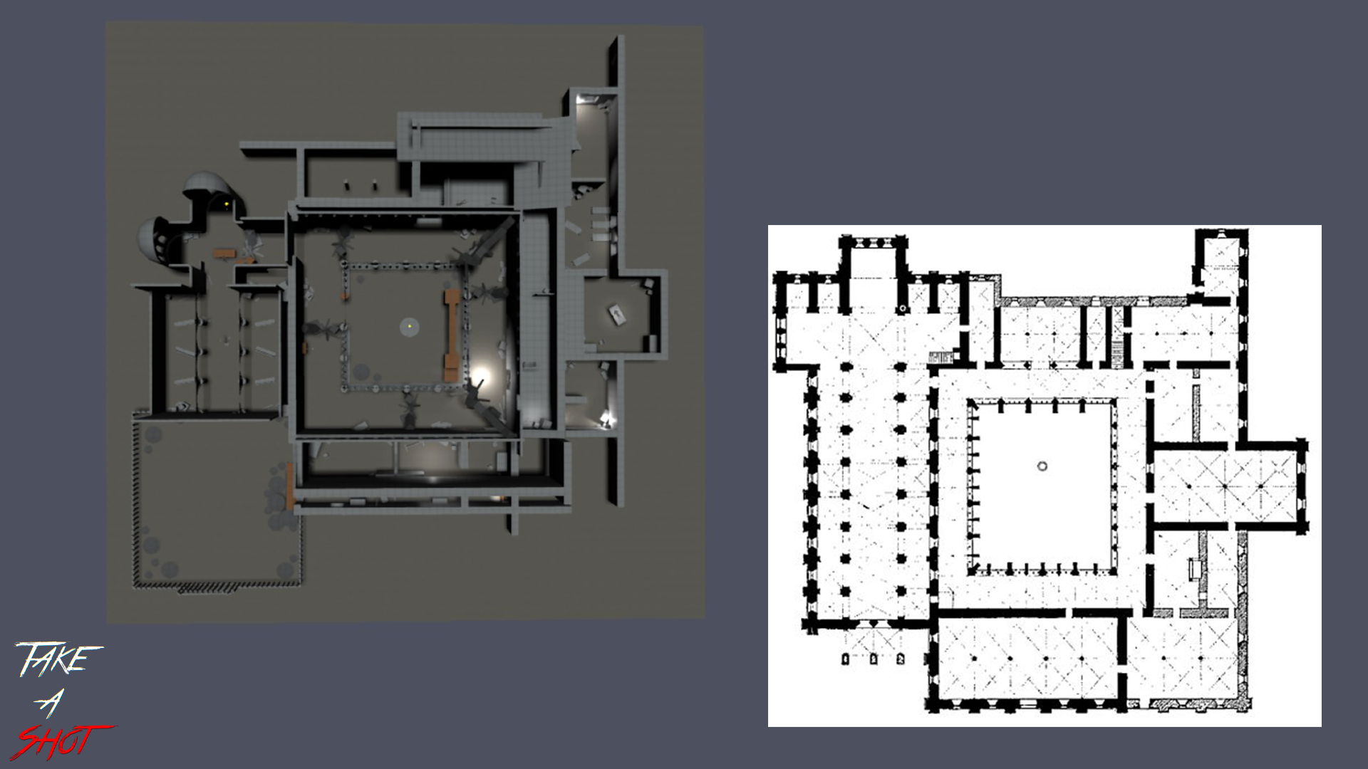 The final version of the blockout, just before we started placing in visual assets. Next to it, the original plan from the Abbey of Fontenay, which served as a base for the layout of our Abbey.
