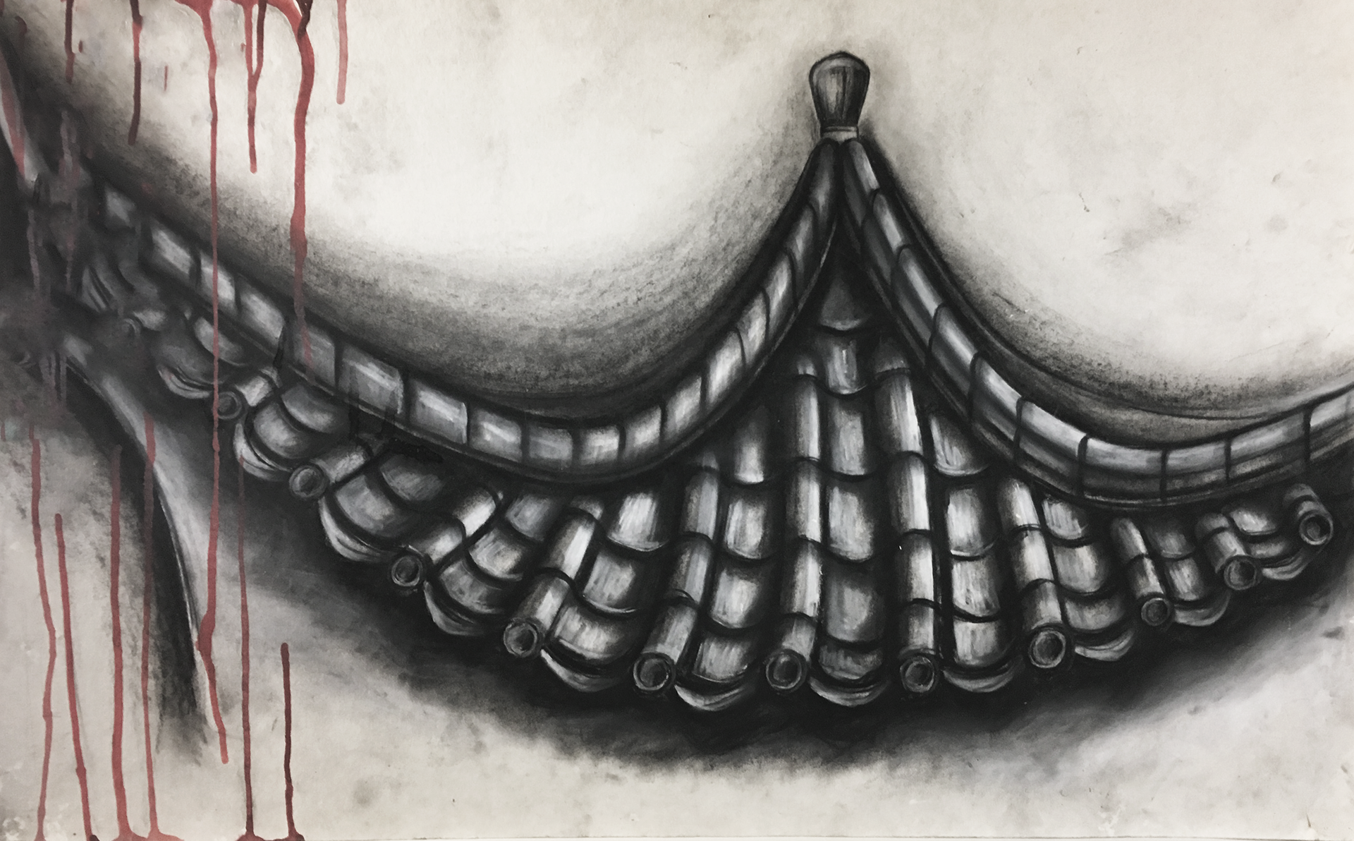 Temple Roof - Charcoal and Acrylic on Paper