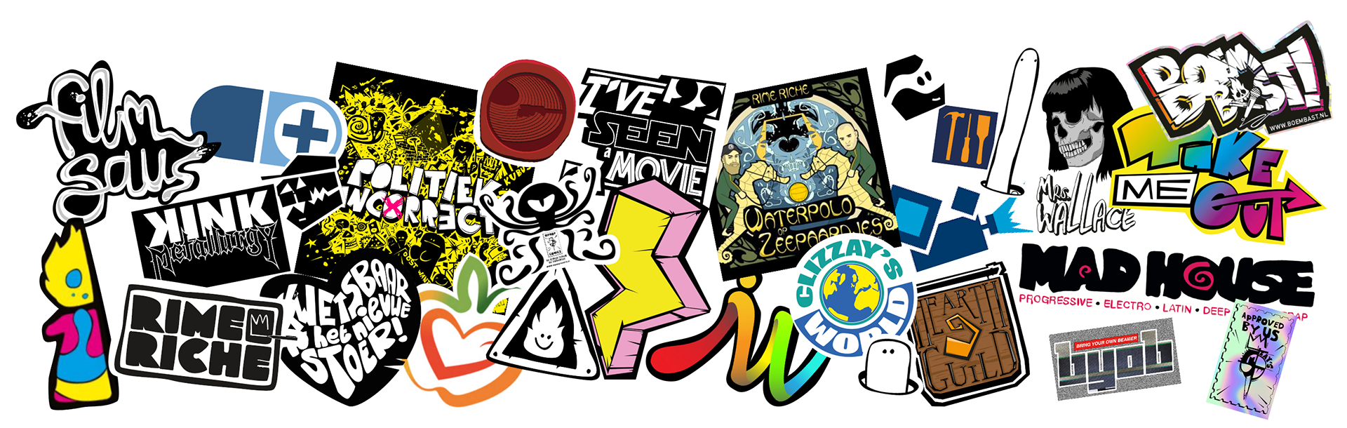 Een serie logo's en beeldmerken van Filmsaus, Bevrijdingsfestival Lelystad, Kink fm, Apotheken van Deventer, Rime RIche, Pivo en Indigo, De Kraaien, Oost Wanted, Hiphop Comics, Minka, Boembast, Dietisten, JW, John, Clizzay's World, Filmtheater, Marleen Klust, Take Me out, Mad House