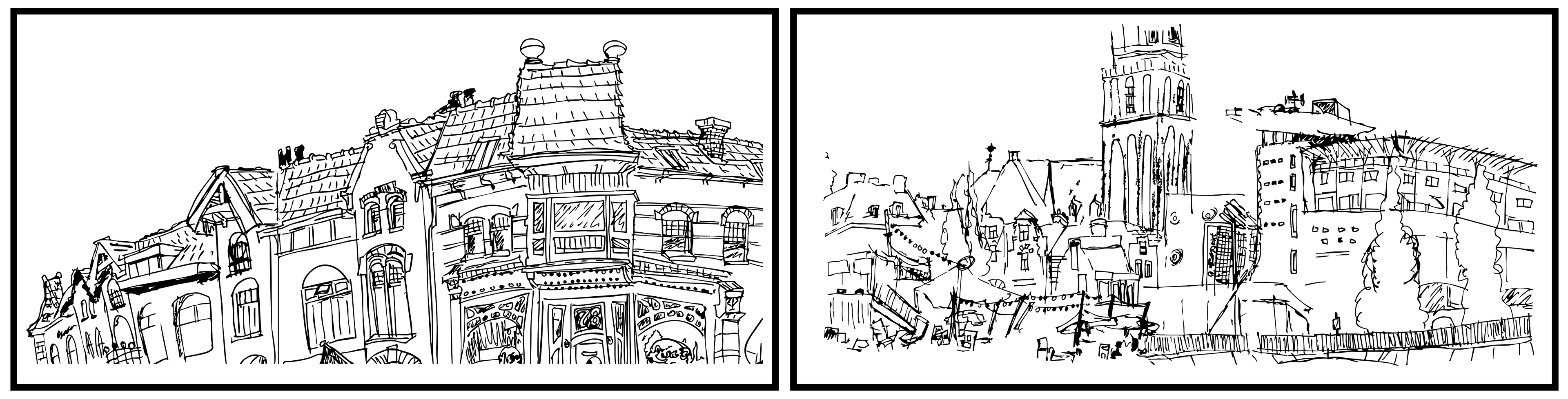 Zwart witte urban sketch van Zwolle, Assendorperstraat en de skyline van Zwolle vanaf de Pannekoekendijk