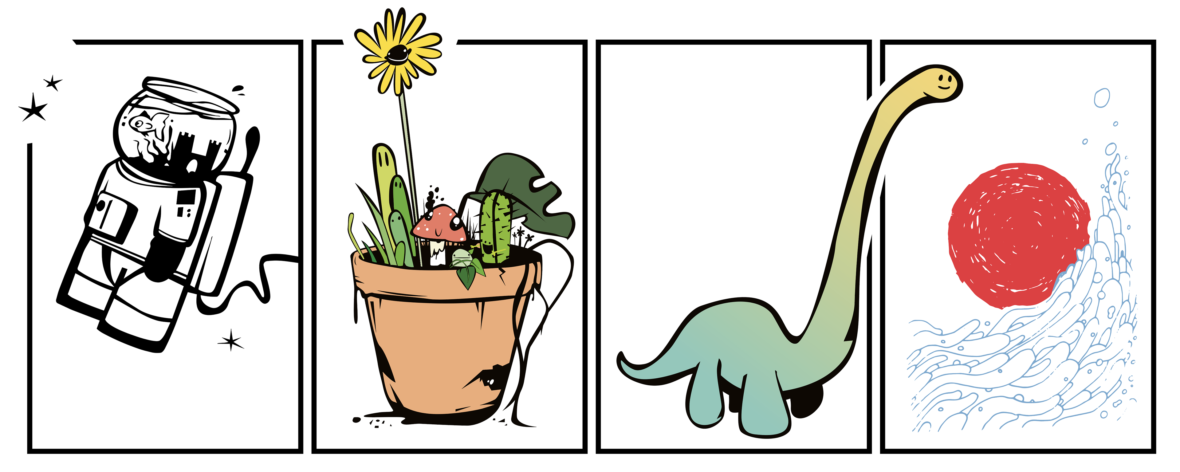 Een serie illustraties van Laurens van Walbeek uit Zwolle, een astronaut met een helm met een goudvis er in, een boeketje met een aantal bloemen en een paddestoel. Een dinosaurus of brachiosaurus en een zeefdruk van een japans uitziende blauwe golf met een rode zon