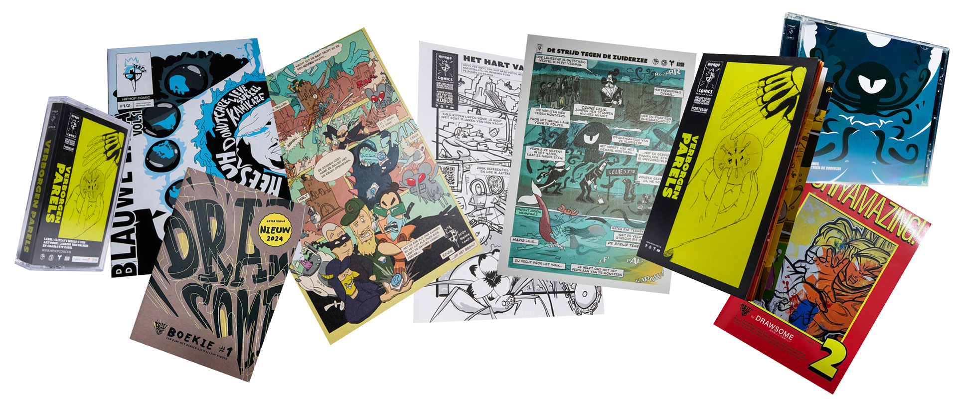 Een serie publicaties, comics en prints van Hiphop Comics zoals Verborgen Parels, Blauwe Lava 1 en 2, De Amulet van Azurai, Het Hart van de Bloem, De Strijd tegen de Zuiderzee, zines van Drawsome Toriyamazing. En een cassette en CD met soundtracks van de hiphop comics.