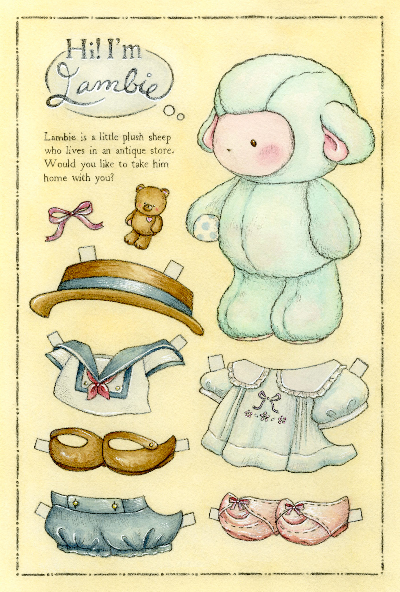Lambie Paper Doll Postcard, watercolor and graphite on paper