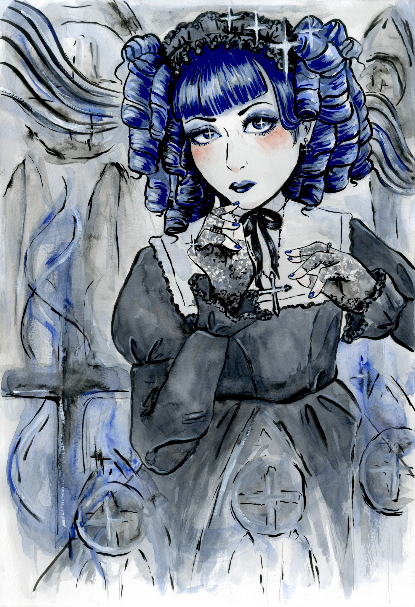 Mana-sama Portrait, ink, paint pen, and watercolor on paper