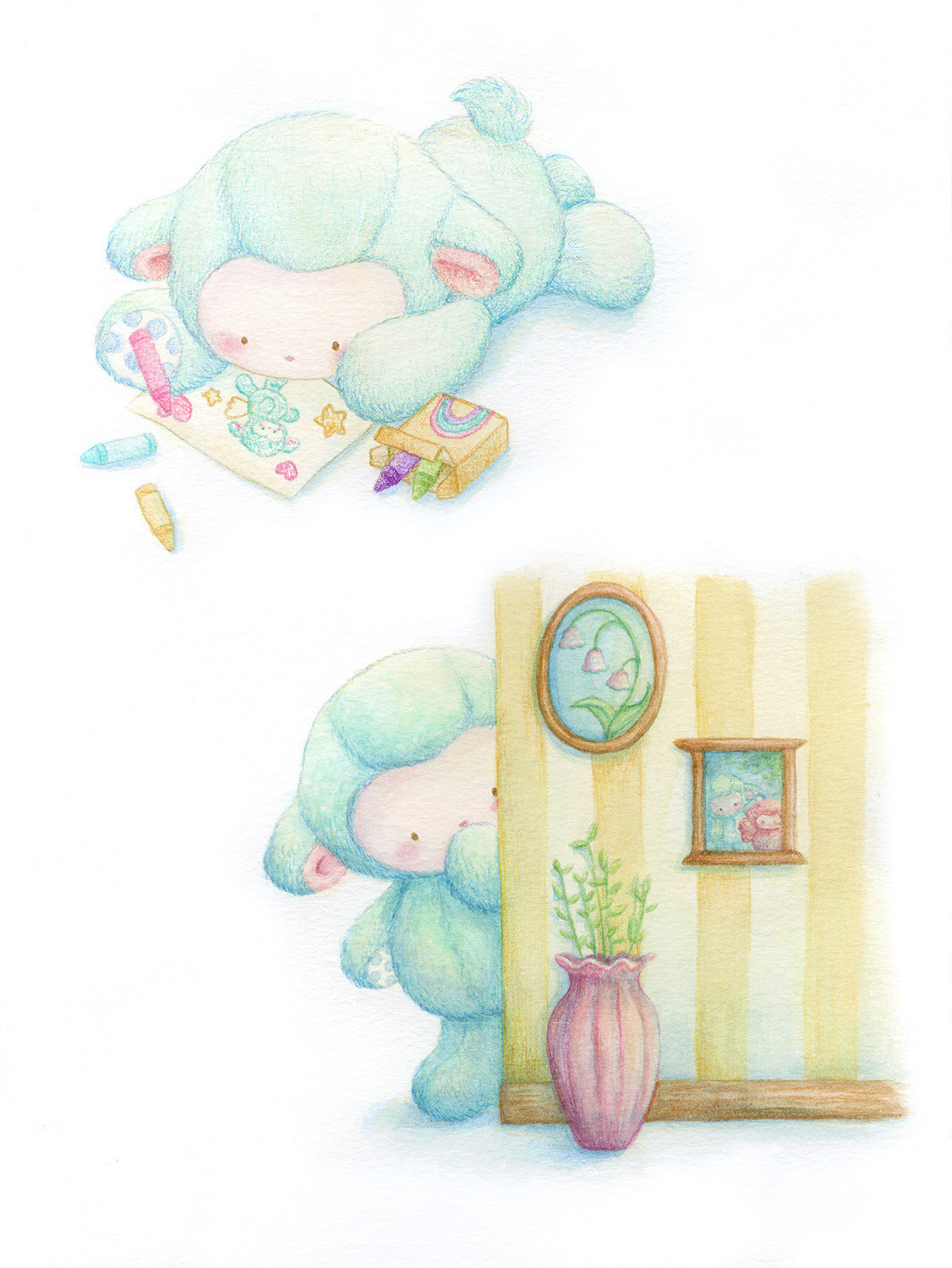 Lambie Spot Illustrations, 2025, Watercolor and Colored Pencil