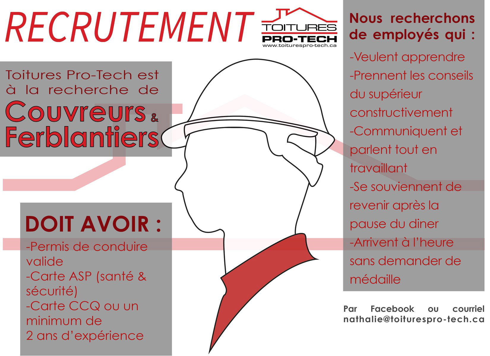 Recruitment ads for roofing company Toitures Pro-Tech