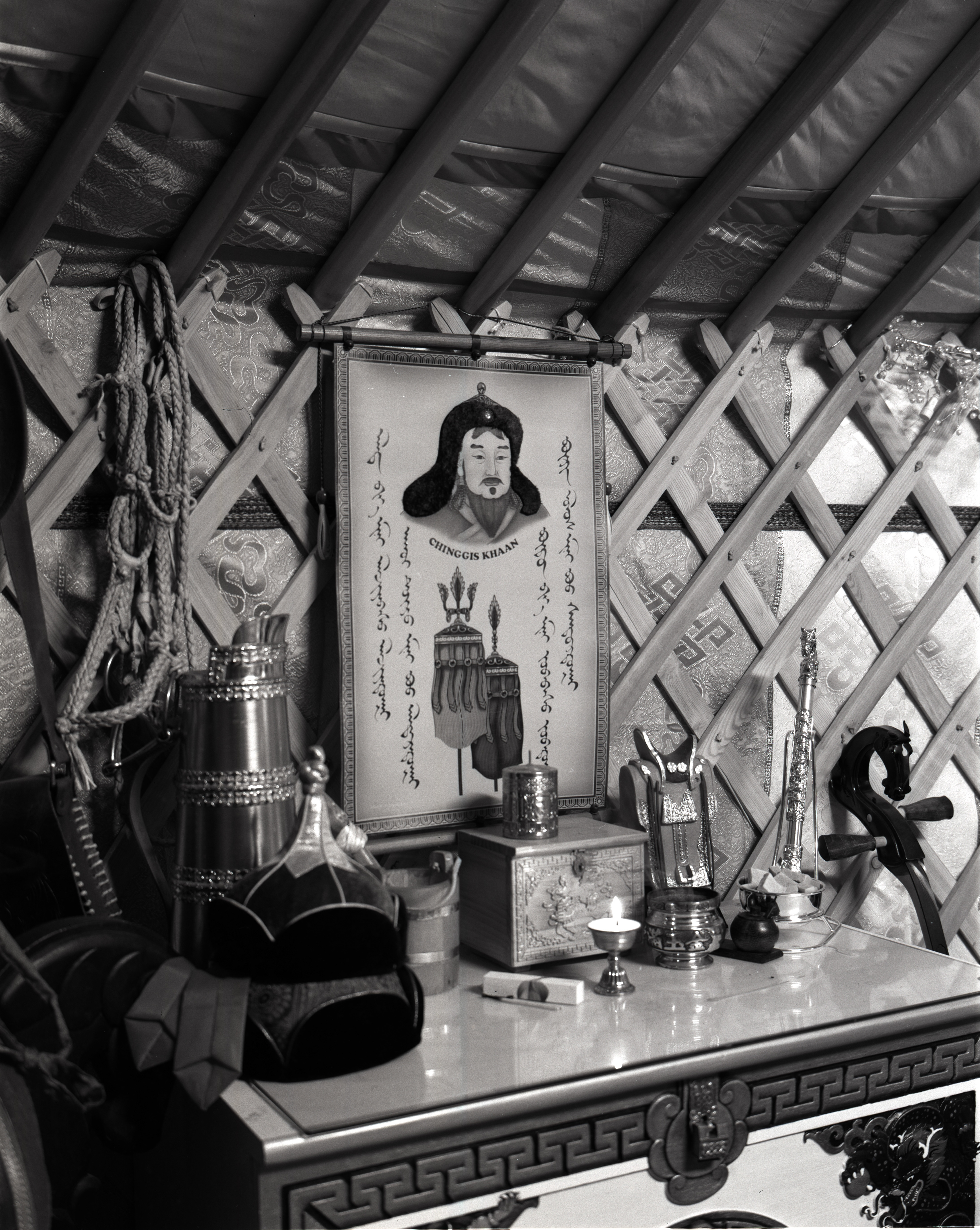A Mongolian yurt, which we call a ger, and a portrait of our king, Chinggis Khaan