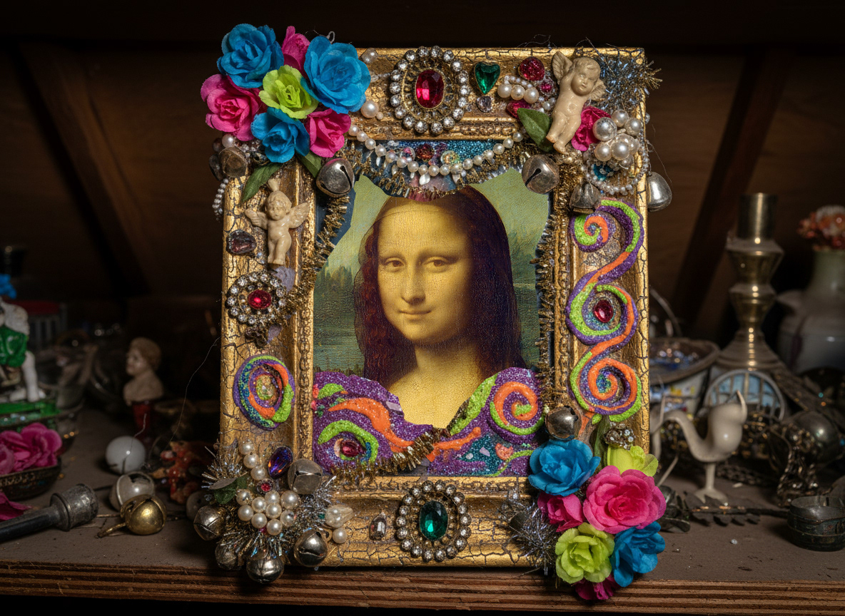 The Mona Lisa in a gaudy dollar store frame.