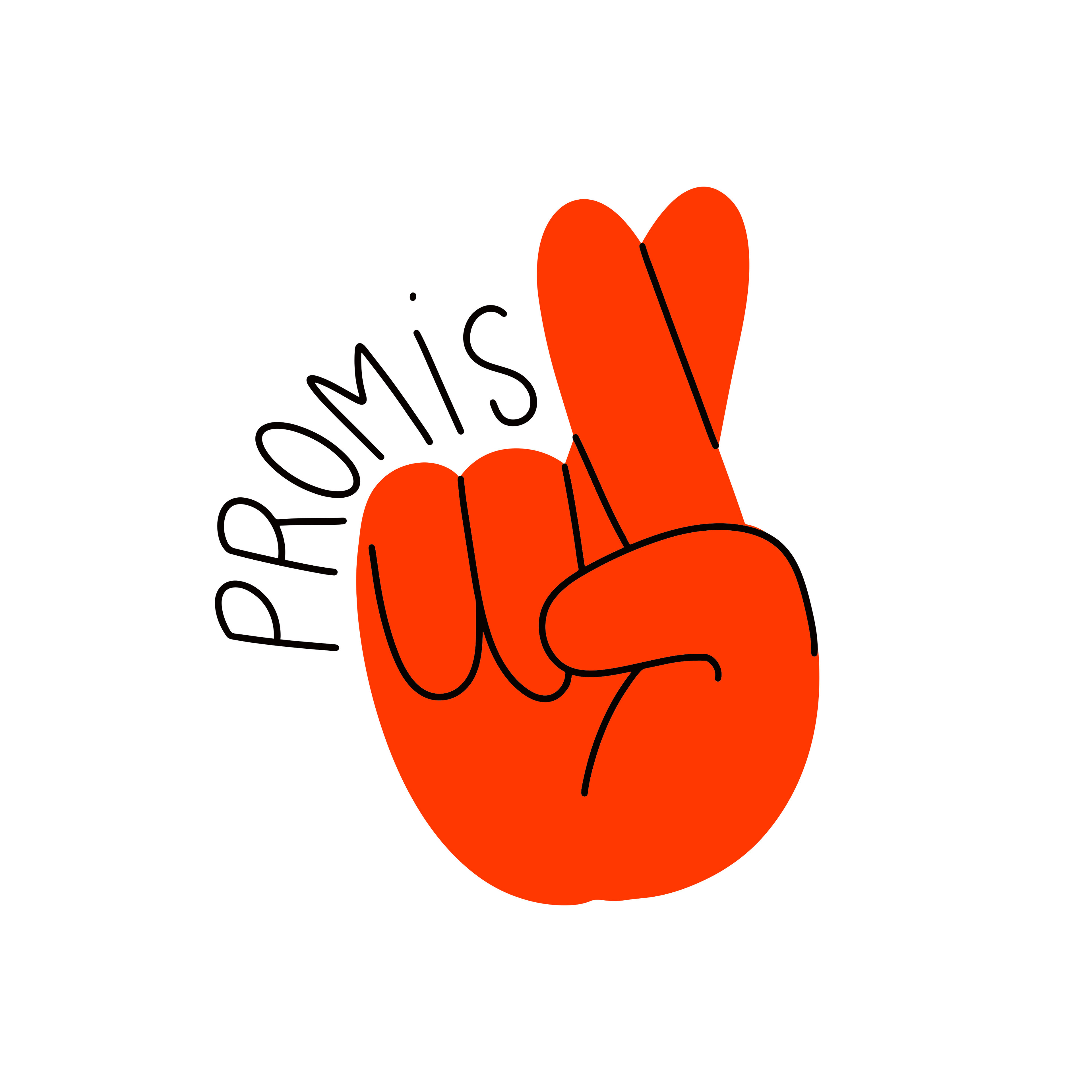 A drawing of a hand with fingers crossed making a styalized word Promise