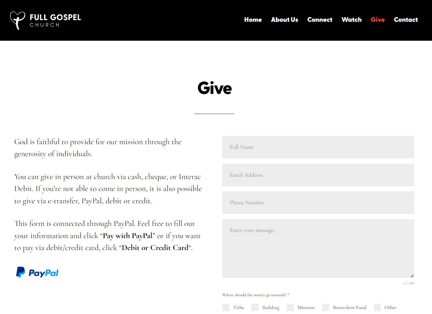 Giving Form, connected to PayPal