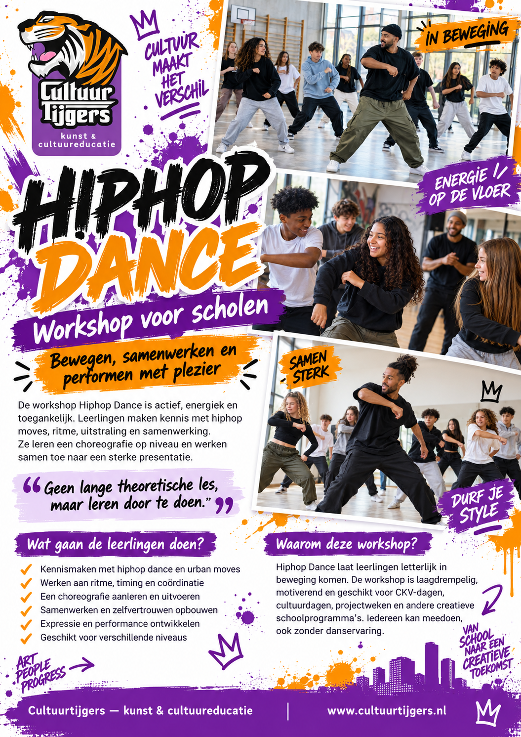 Flyer hiphop dance workshop voor scholen – Cultuurtijgers