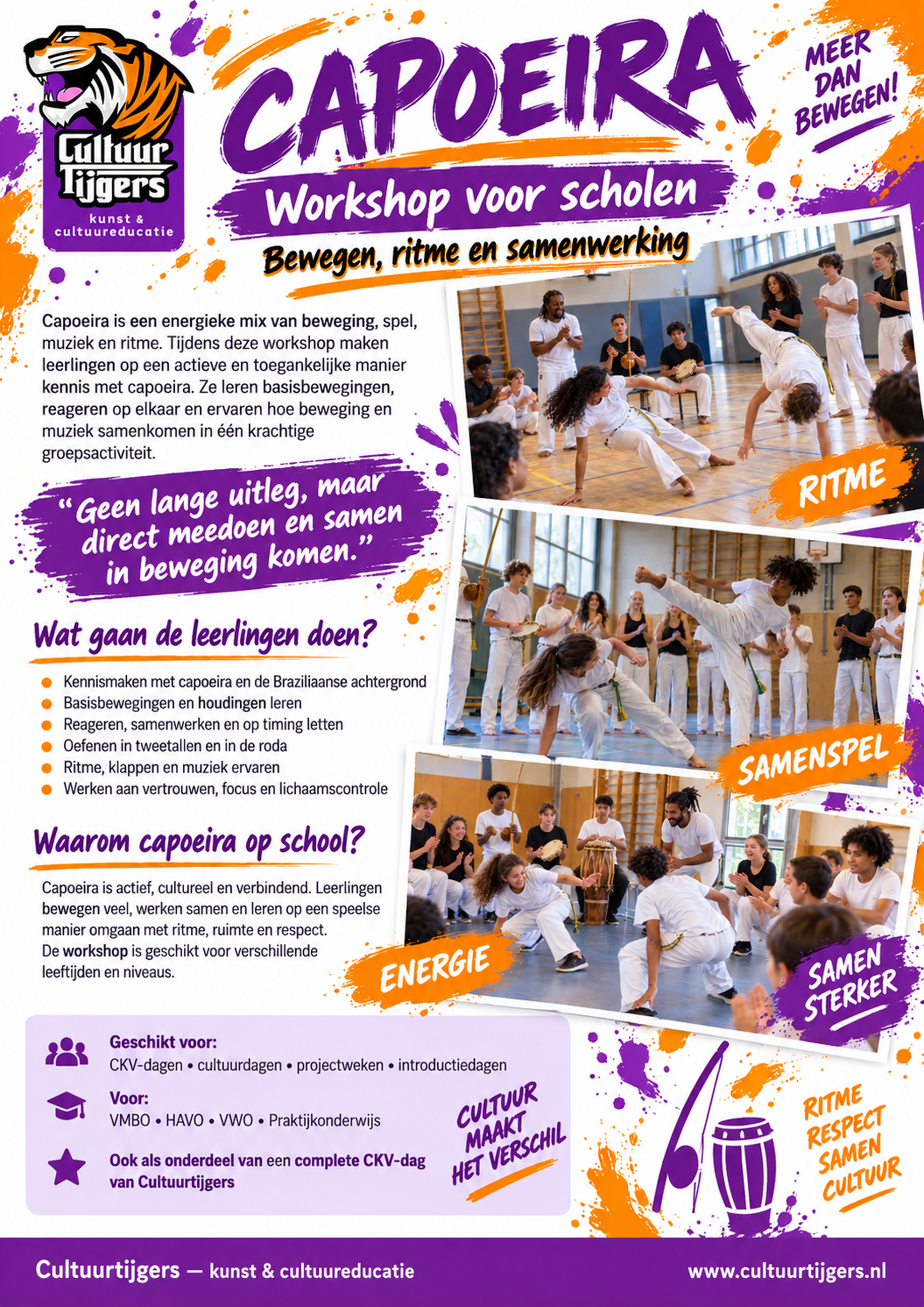 Flyer capoeira workshop voor scholen – Cultuurtijgers