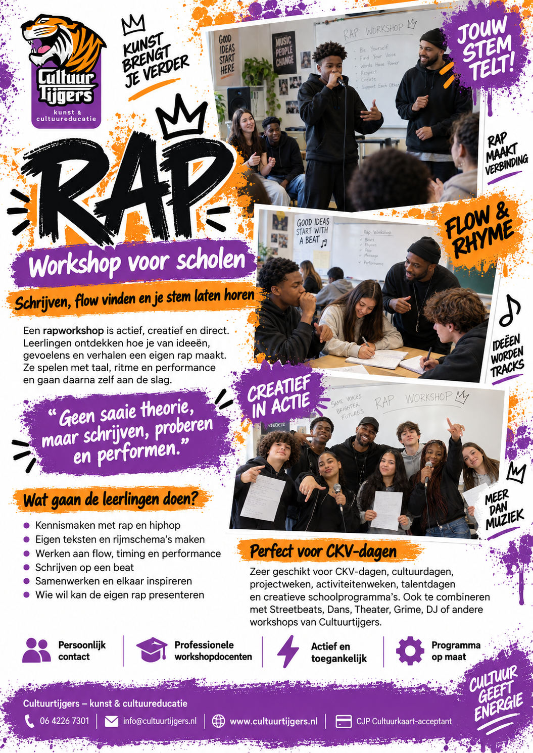 Flyer rap workshop voor scholen – Cultuurtijgers