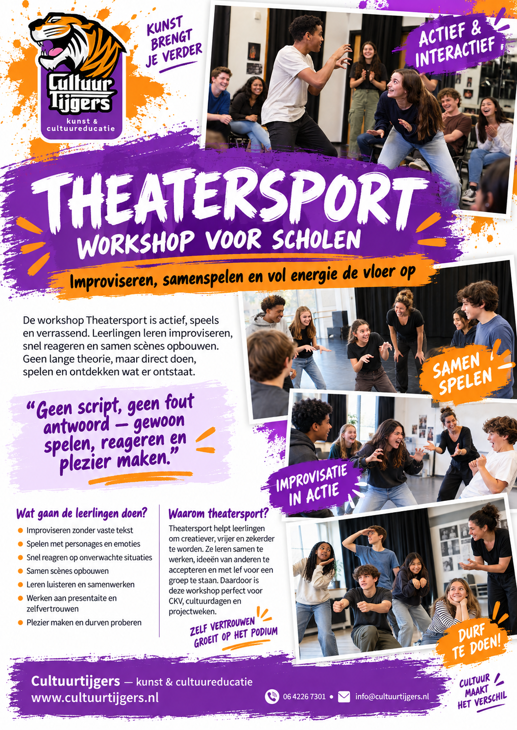 Flyer theatersport workshop voor scholen – Cultuurtijgers