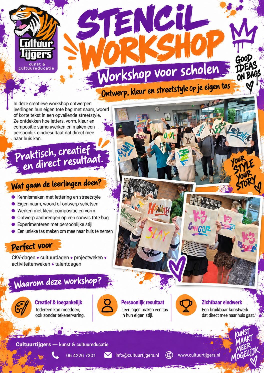 Flyer stencil workshop voor scholen – Cultuurtijgers