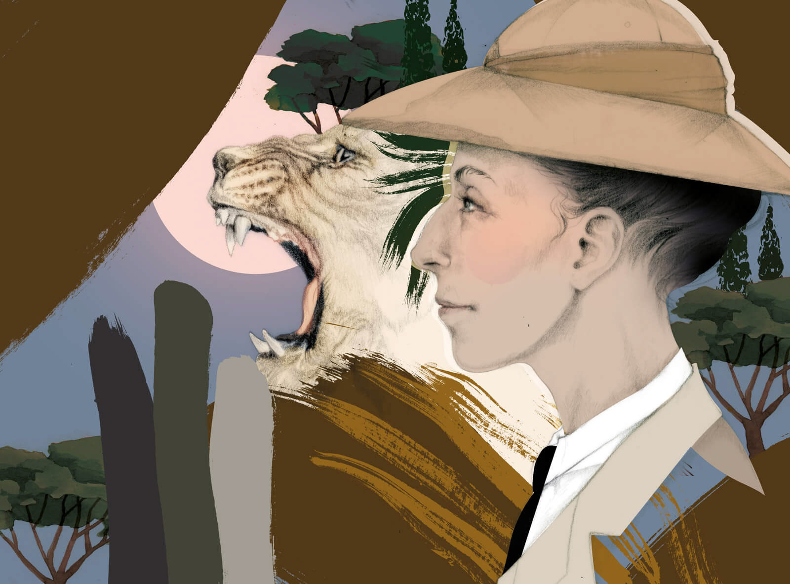 Mockup book cover by illustrator Lina Ekstrand for Karen Blixen autobiography book cover illustration showing a profile of Karen Blixxen with abstract African nature and a lion in the background, painted in ink, watercolor and pencil.