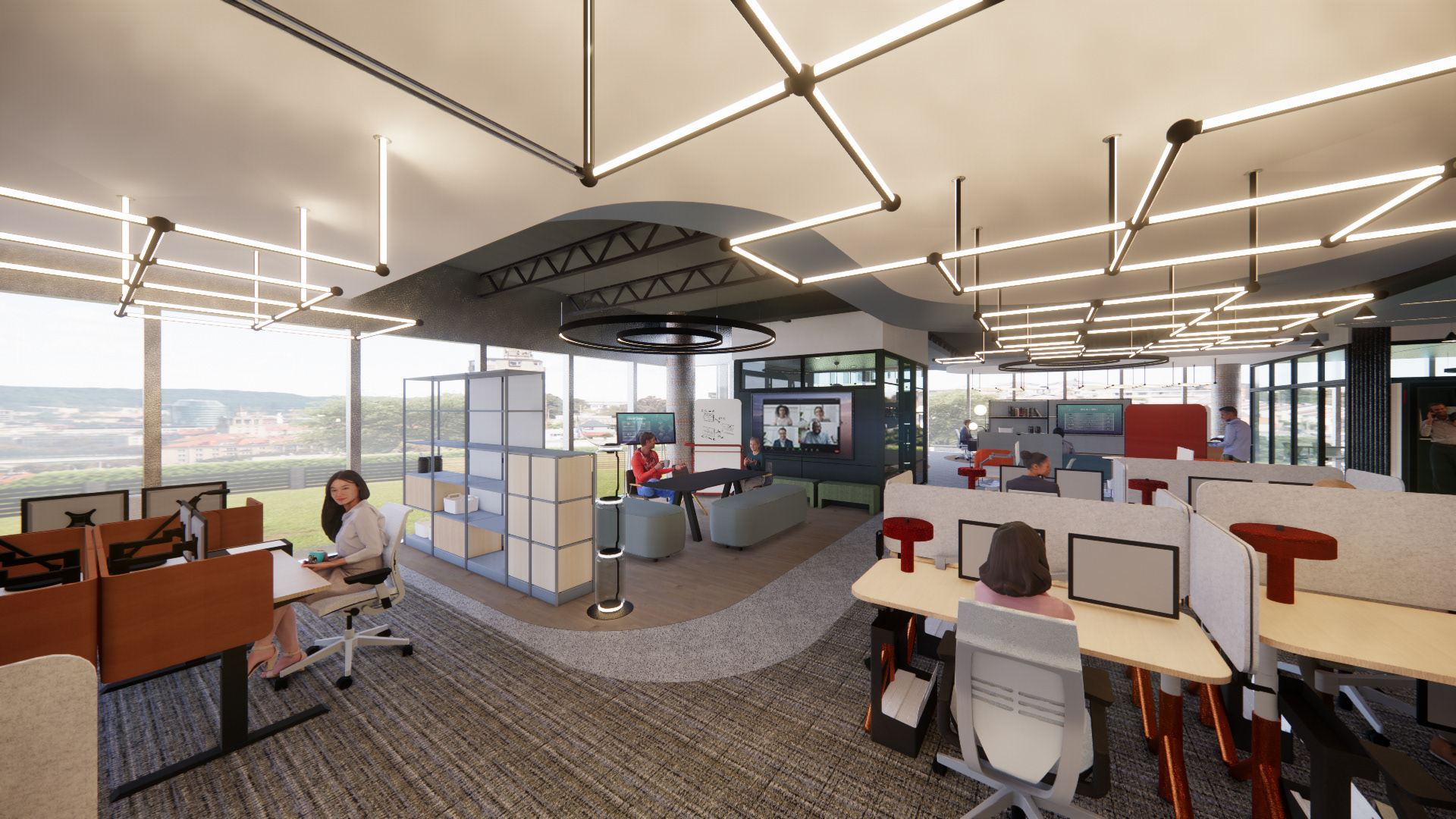 Design team workstations and meeting area