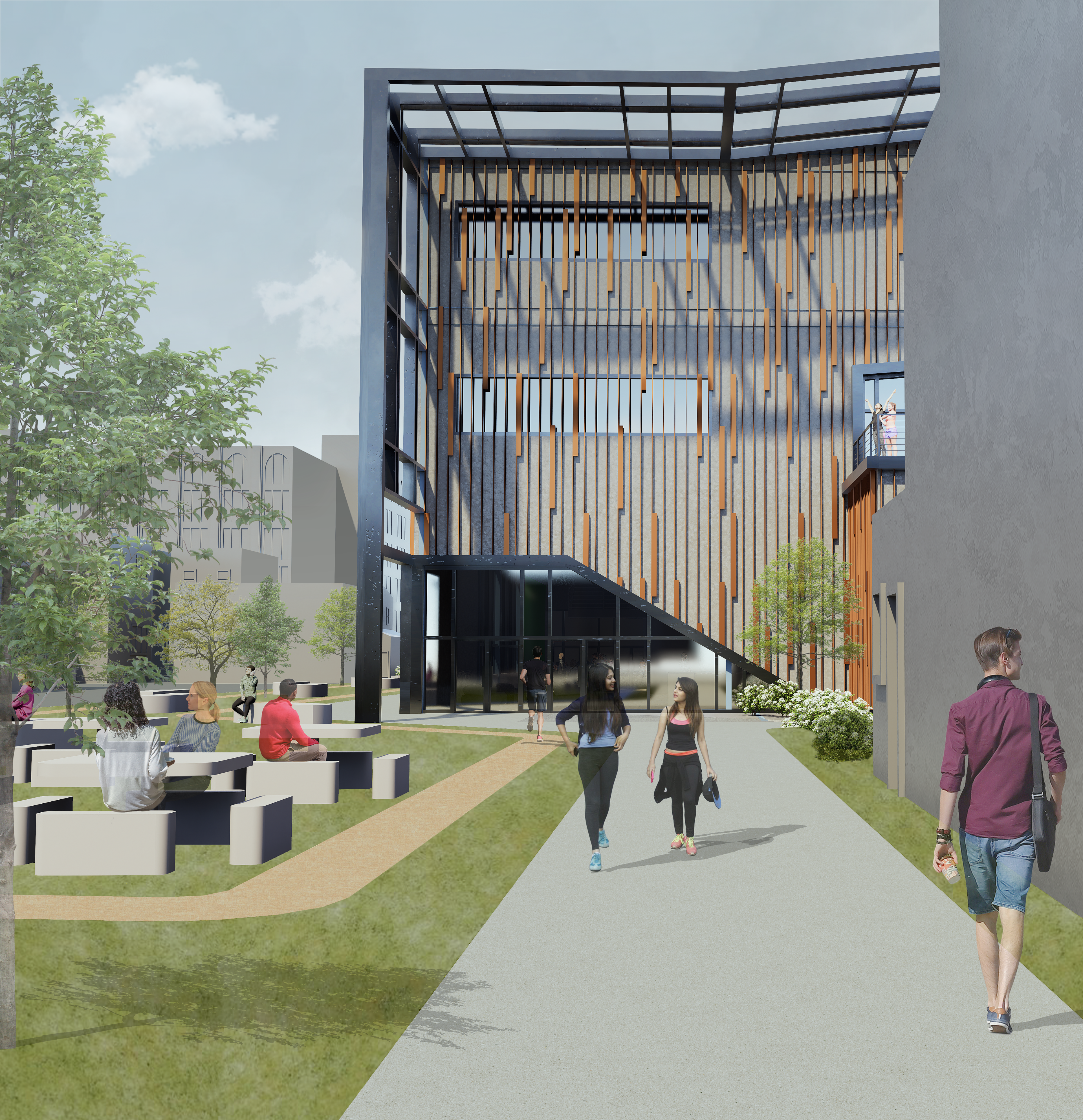 EXT. RENDER - NEIGHBORHOOD ENTRANCE