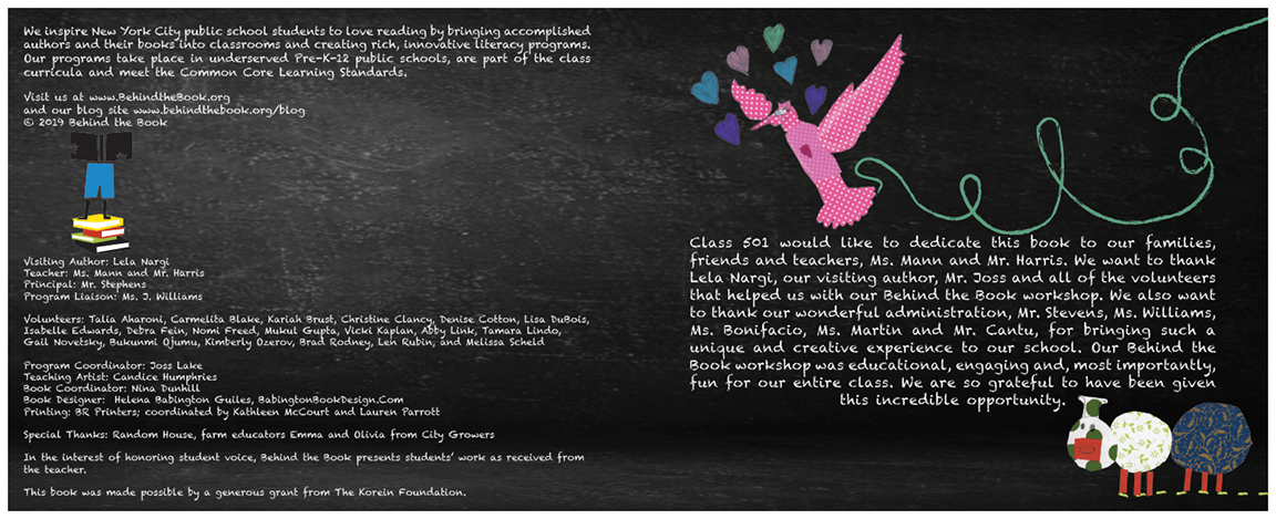 Children's Book, Copyright/Dedication Interior Spread, with illustrative design theme motifs cohesively unified with cover