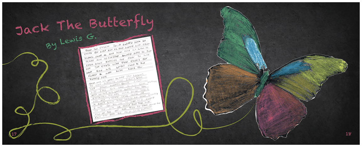 Children's Book, Student Story and Artwork Two-Page Spread, with illustrative design theme motifs cohesively unified with cover