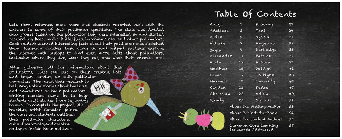 Children's Book Interior Spread: End of Intro, Table Of Contents, with illustrative design theme motifs cohesively unified with cover