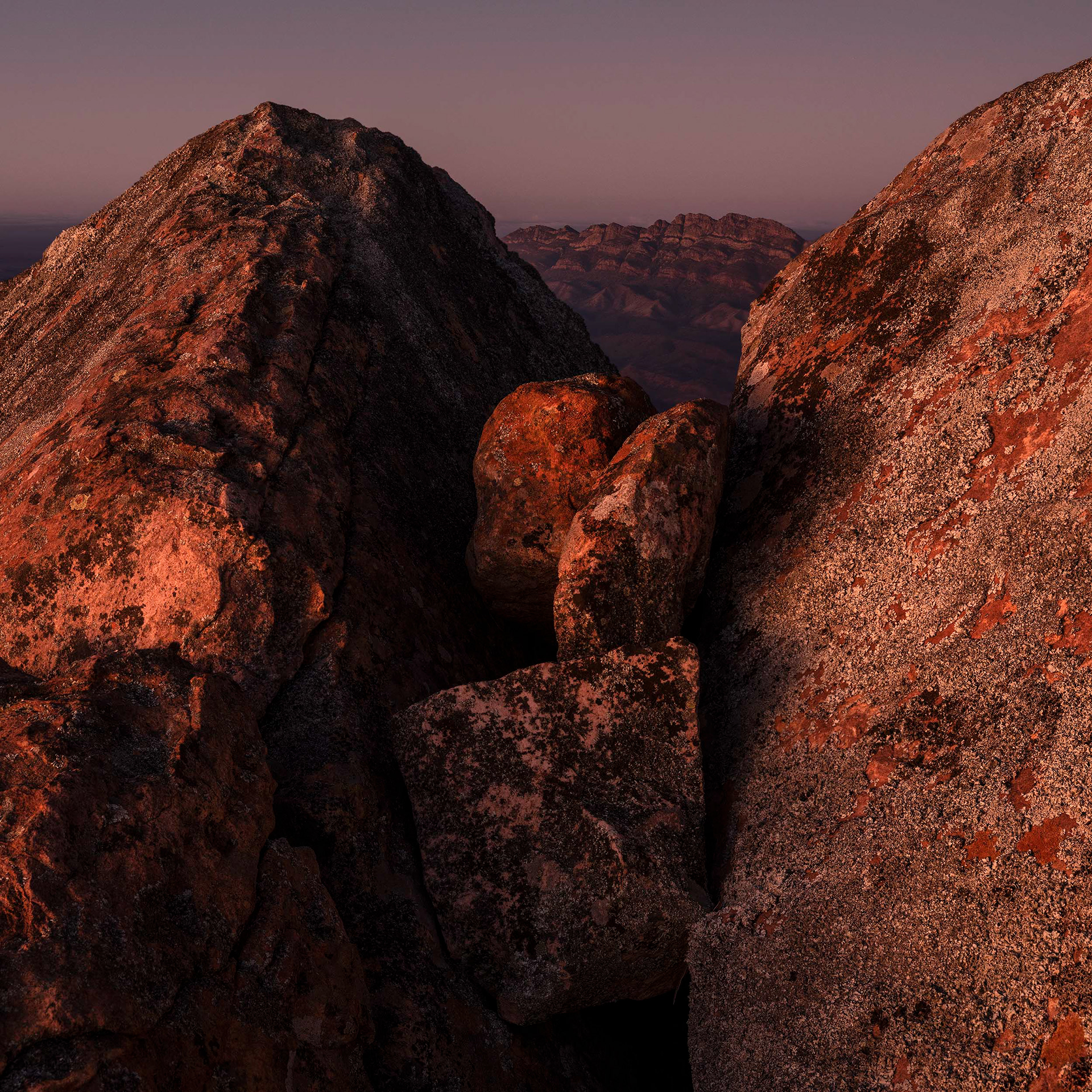 Lichen covered quartzite rocks of Ikara Wilpena Pound nestled amongst the peaks.