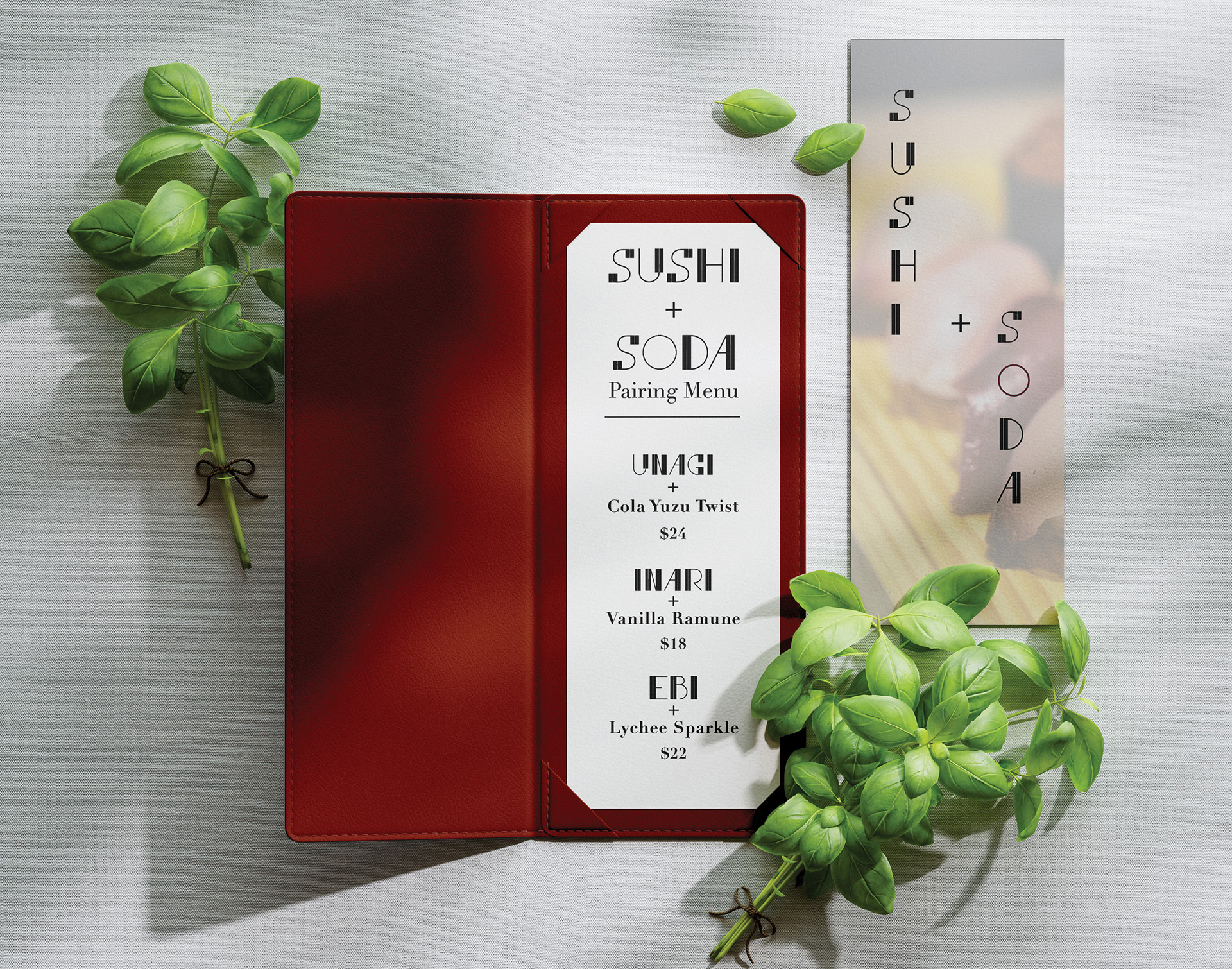 Typeface: Piano Keys. Restaurant Menu: Sushi and Soda, Mock up