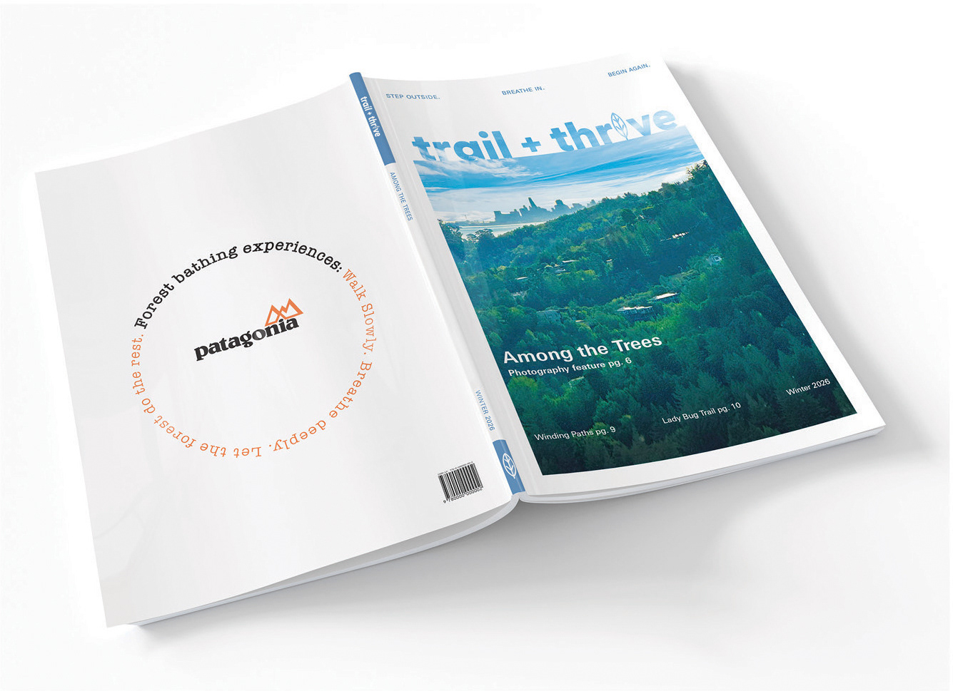 Trail + Thrive Magazine Winter cover, spine and Patagonia ad on back Mock up