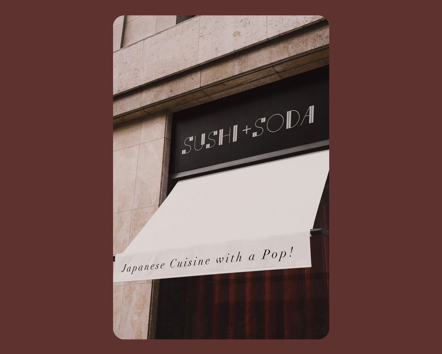 Typeface: Piano Keys. Restaurant Store Front: Sushi and Soda, Mock up