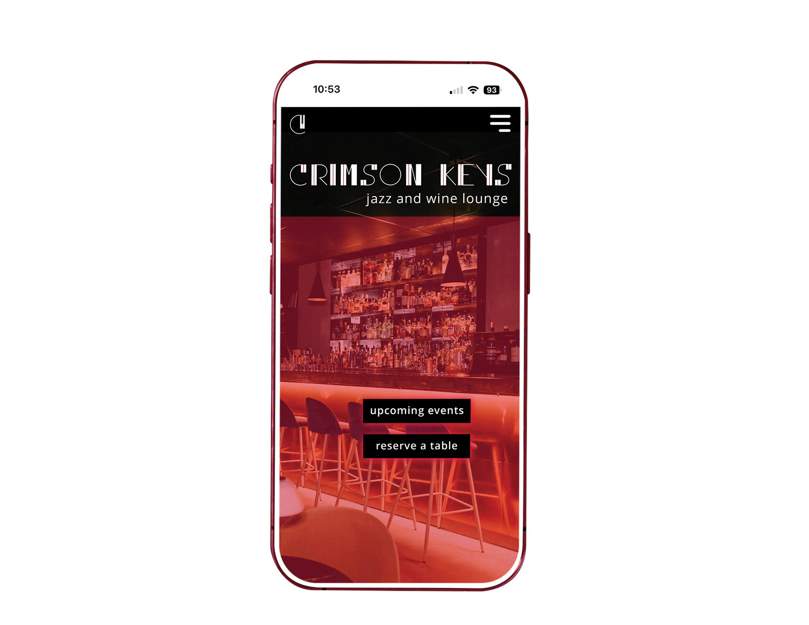 Typeface: Piano Keys. Mobile Homepage: Crimson Keys Jazz and Wine Lounge, Mock up