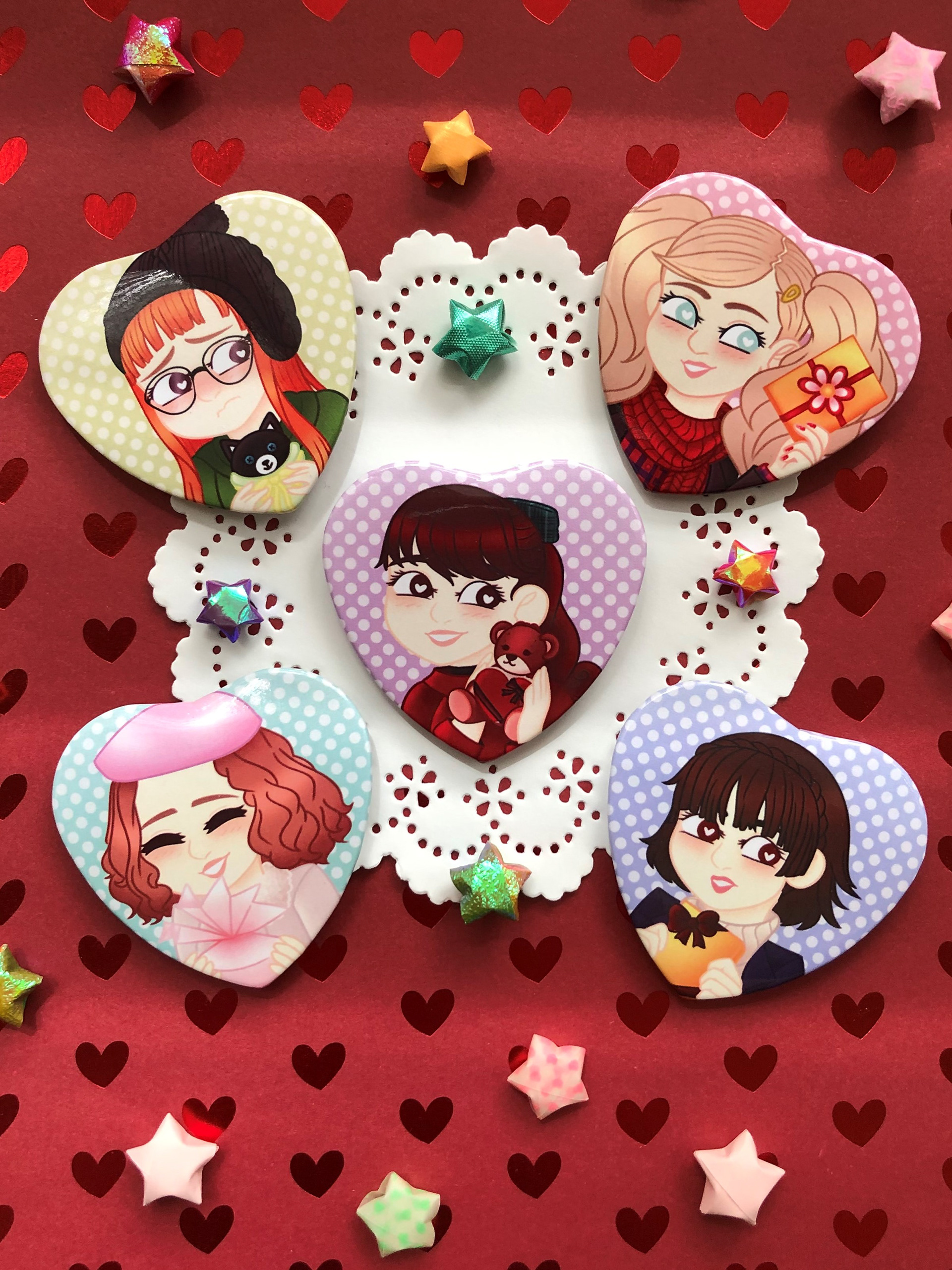 53 mm x 57 mm heart-shaped badges with a safety pin backing.