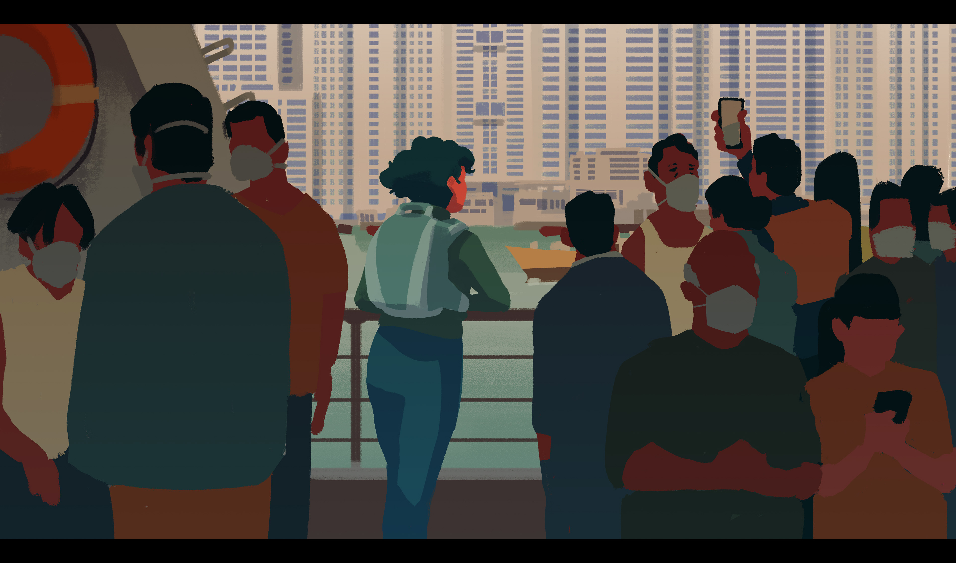 We see the protagonist Robin (female) on board a ferry cruising down a river of an Asian mega city. The horizon is blocked out by dull grey sky scrapers. The color palette indicates a polluted air and the other people on the ferry are wearing mouth masks