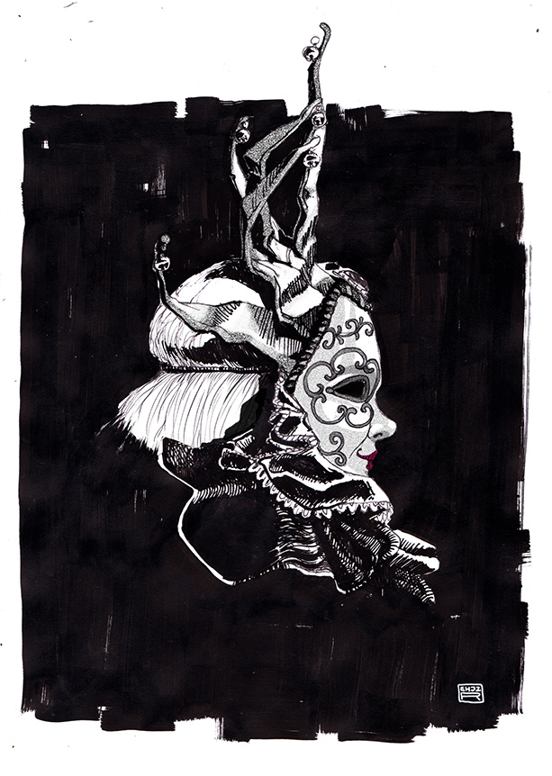 Black and white illustration of a head (side view) wearing a feminine venetian mask with red lips.